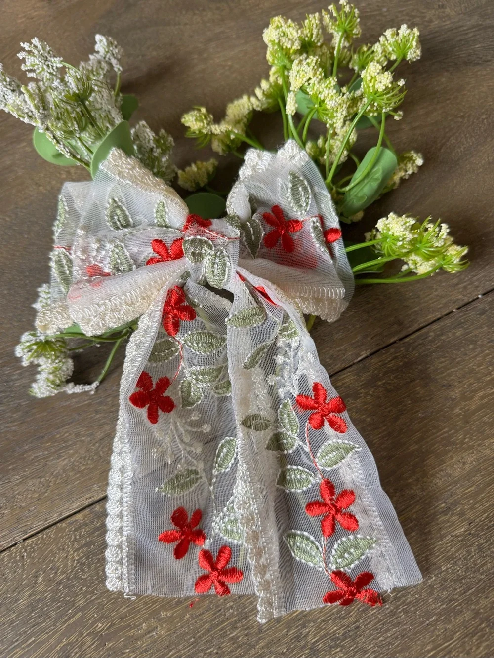 Embroidered Floral Lace Hair Bow in Red and Cream